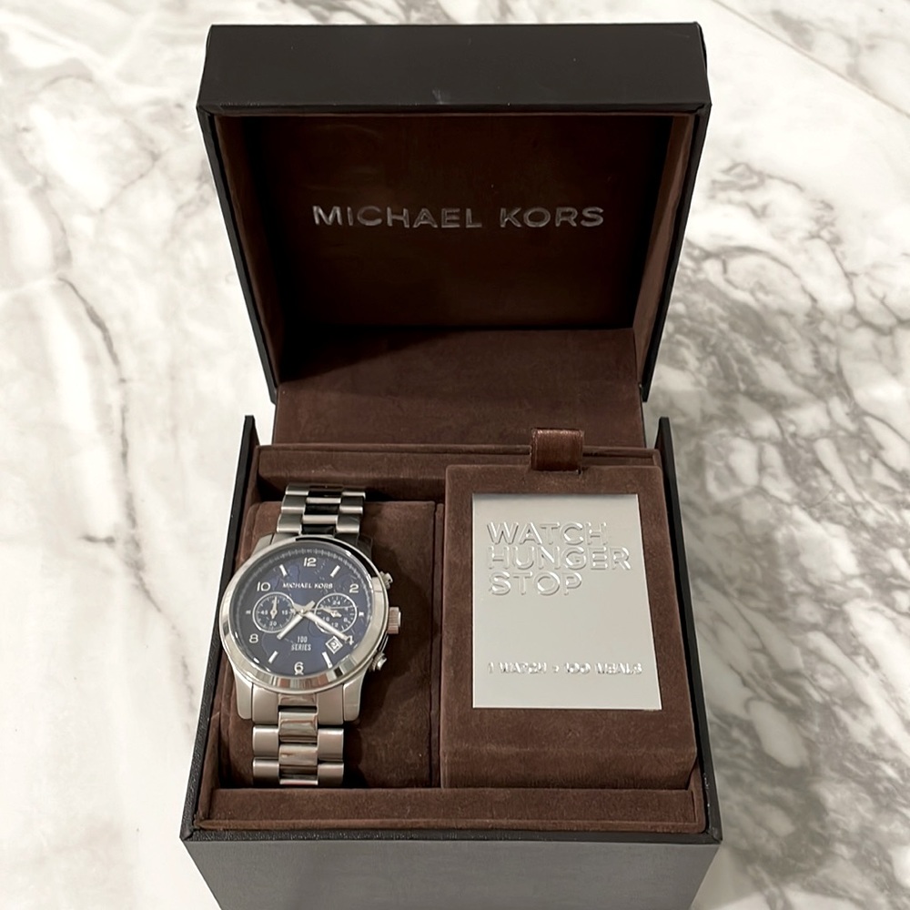 HUNGER STOP CHRONOGRAPH BLUE DIAL SILVER LADIES WATCH MK5814